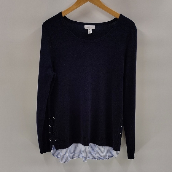 Calvin Klein Pullover Sweater Medium With Striped Faux Shirt Long Sleeve - Picture 1 of 8